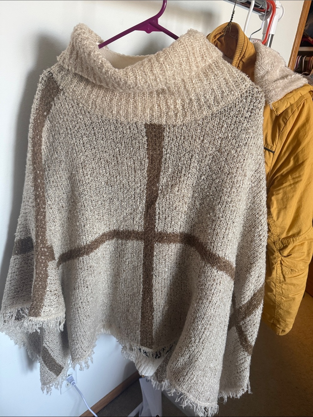 Daytrip Cream Plaid Knit Poncho with Brown Accents